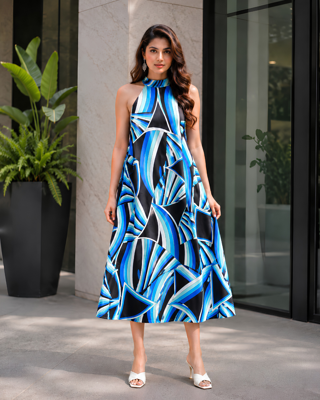 Azure Prism Halter Maxi Dress
