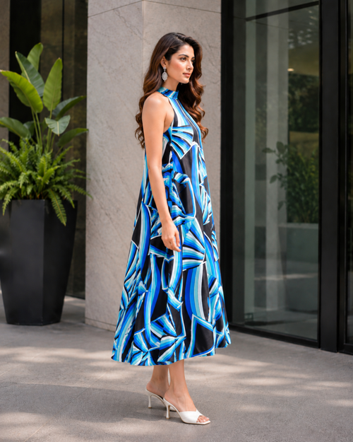 Azure Prism Halter Maxi Dress