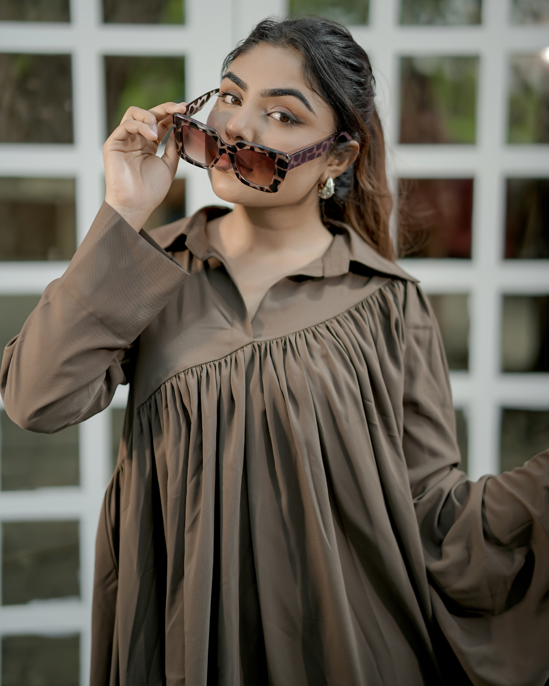 Mocha Gathered Mini Dress