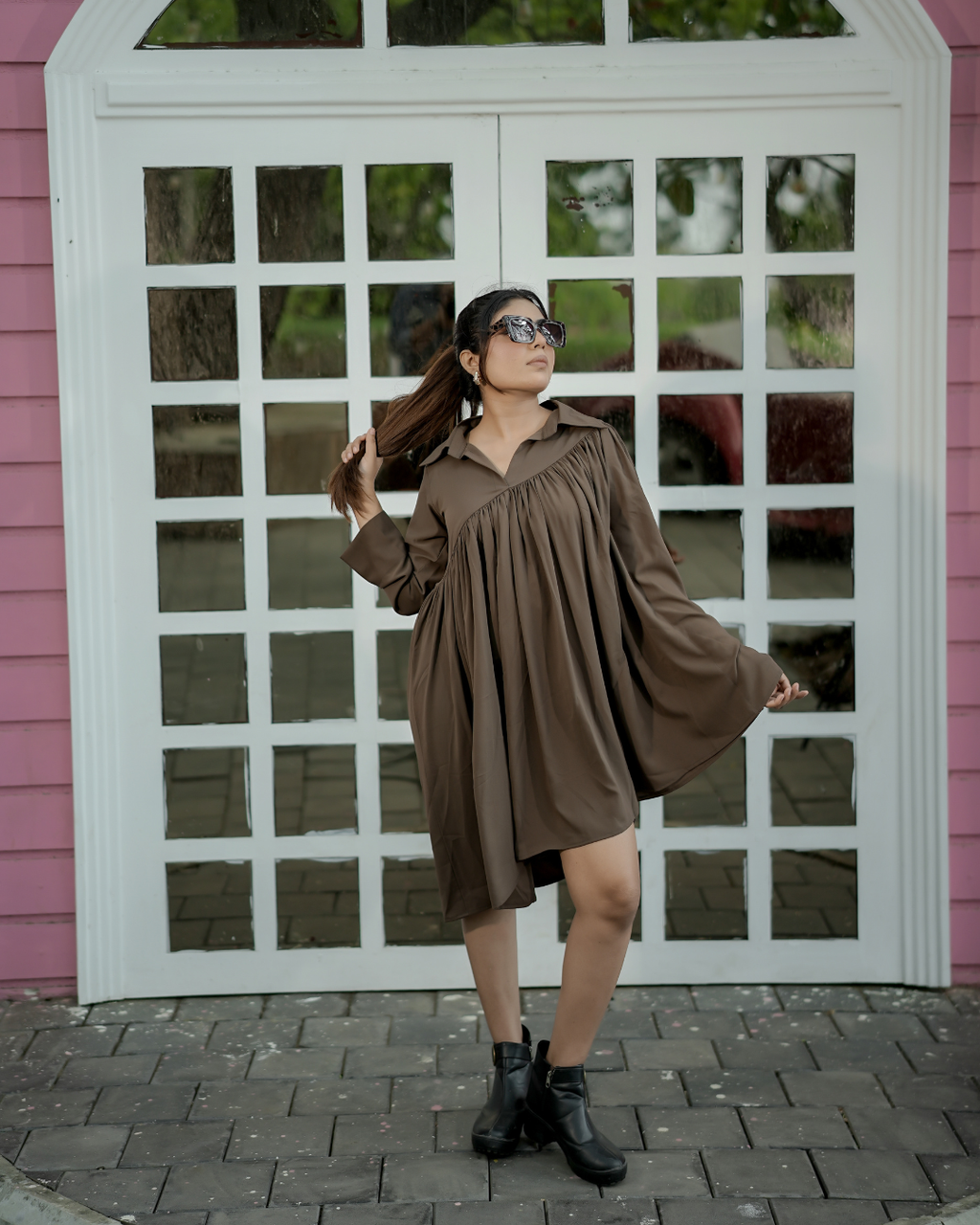 Mocha Gathered Mini Dress