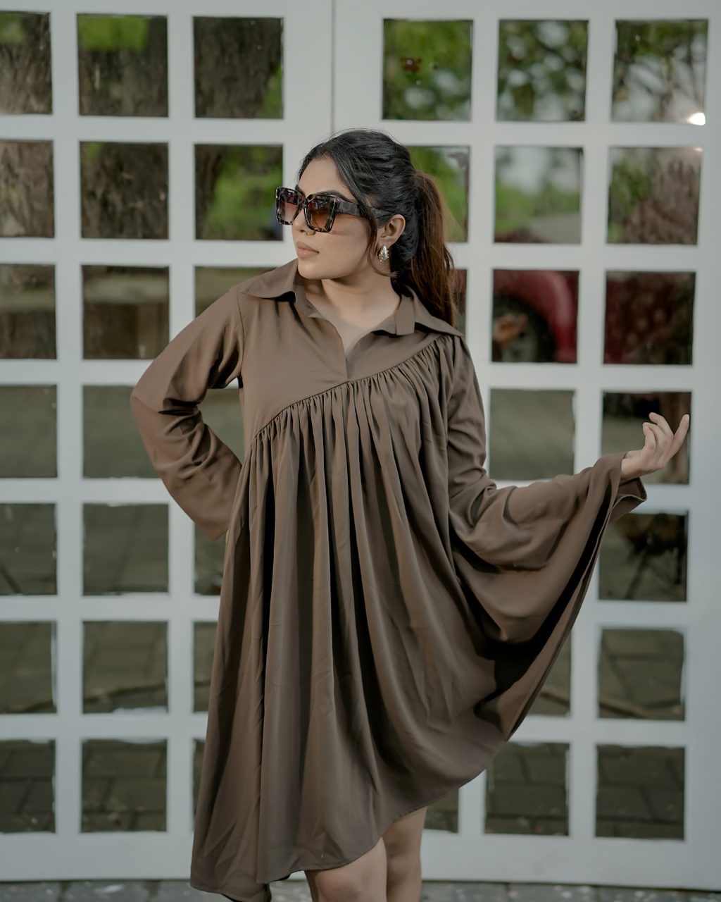 Mocha Gathered Mini Dress