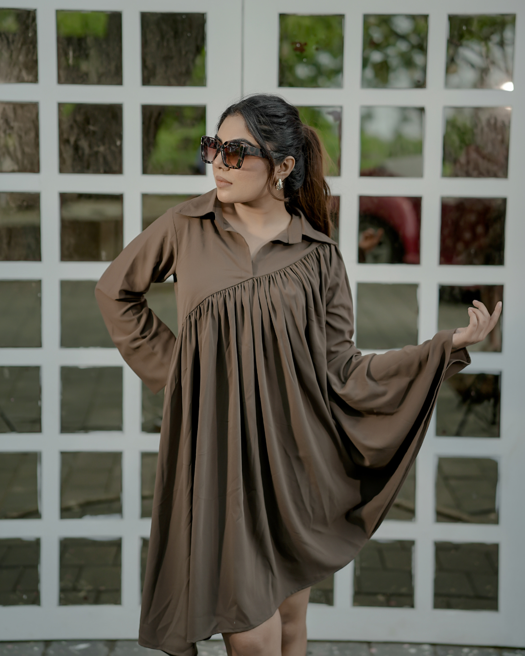 Mocha Gathered Mini Dress