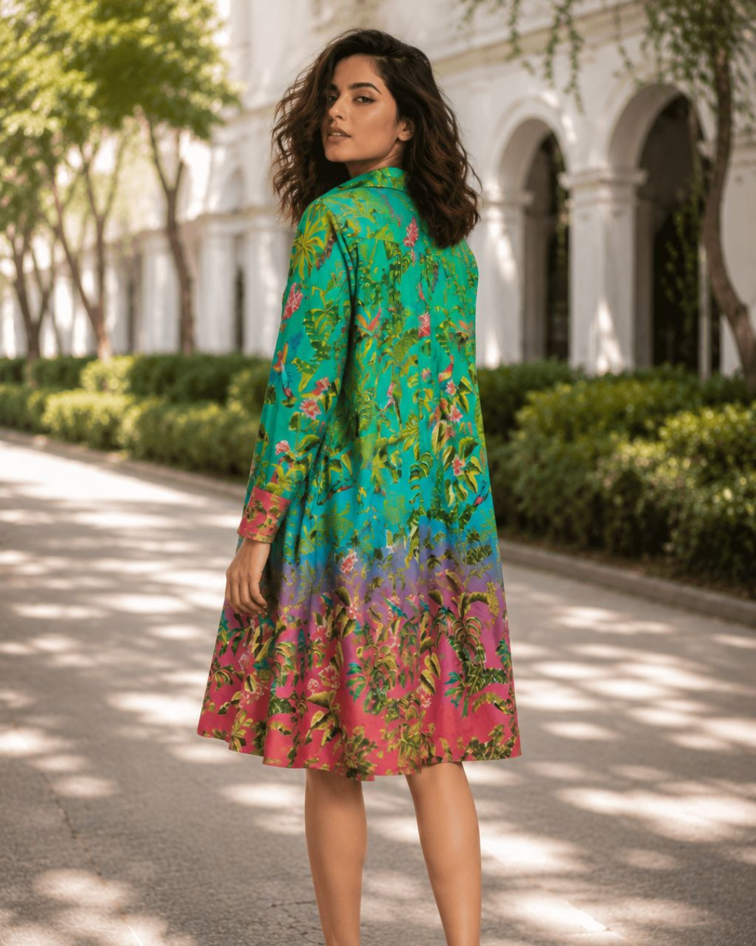 Tropical Bloom Mid-Length Comfy Shirt Dress