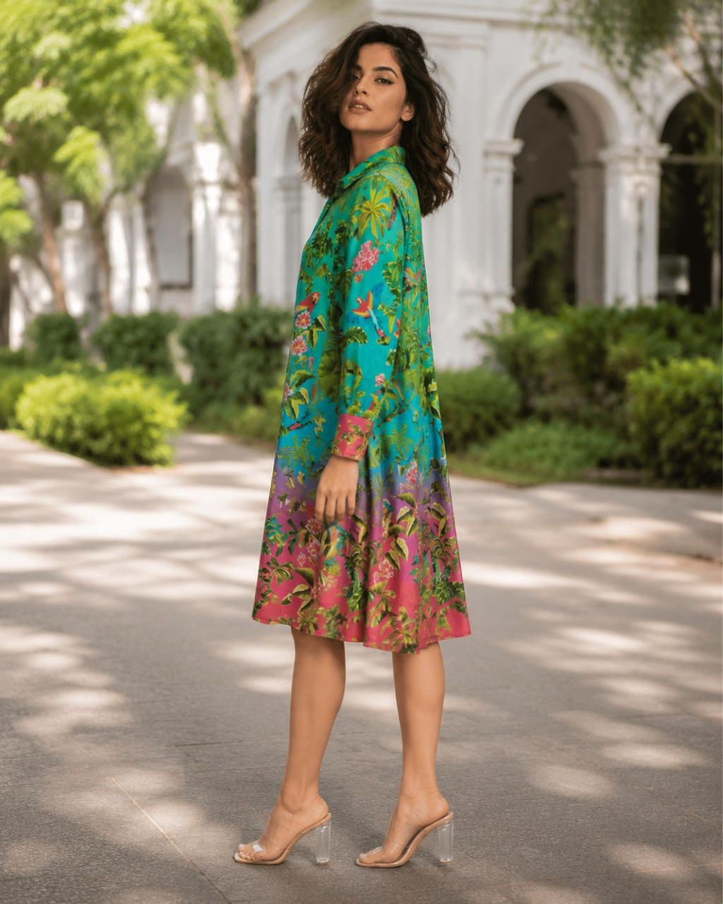 Tropical Bloom Mid-Length Comfy Shirt Dress