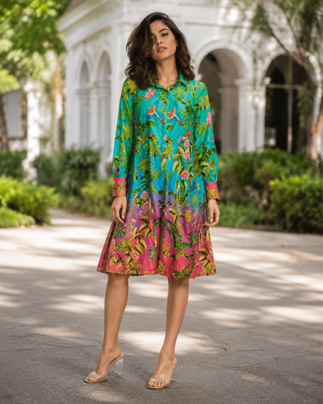 Tropical Bloom Mid-Length Comfy Shirt Dress