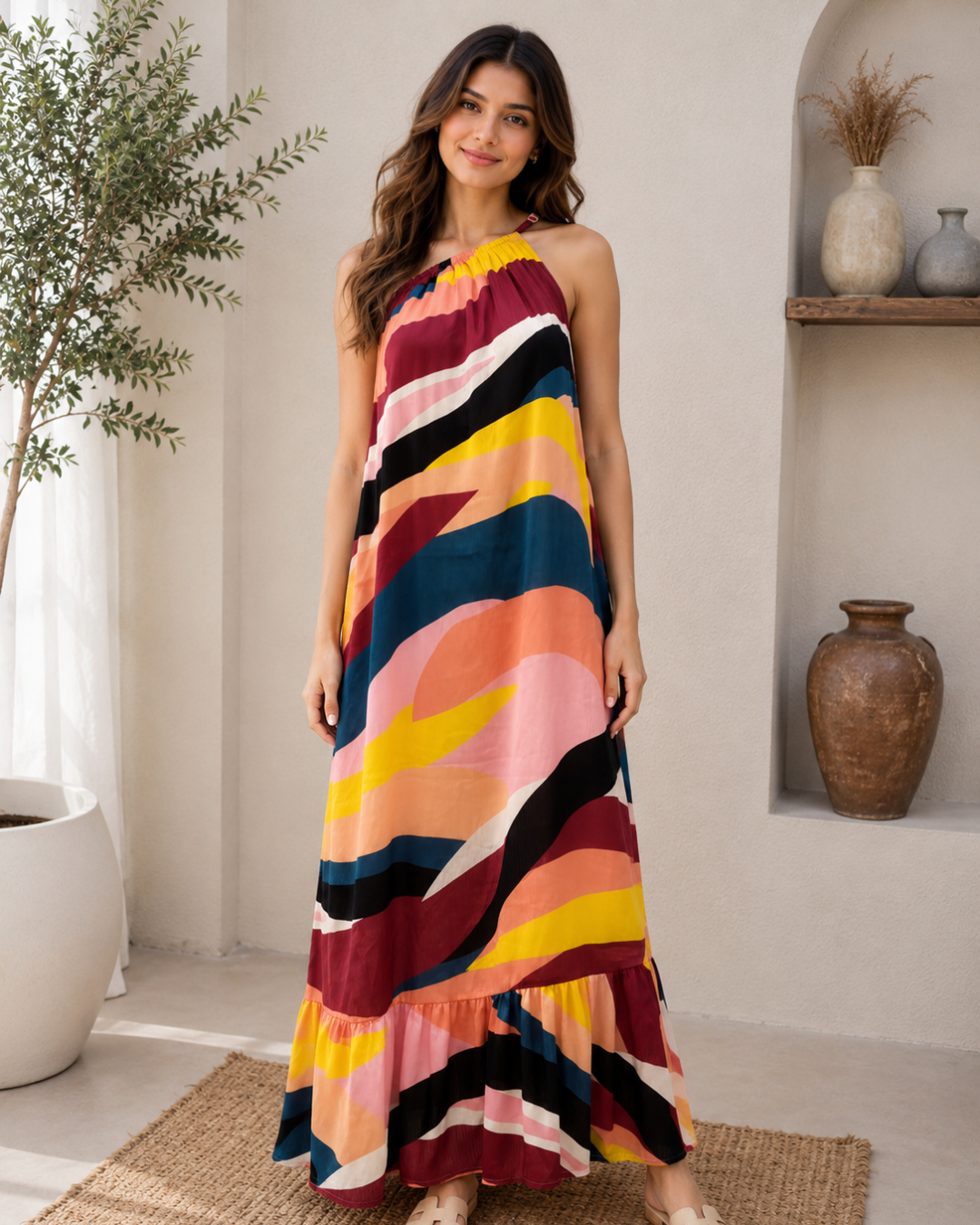 Sunset Mosaic Halter Maxi Dress
