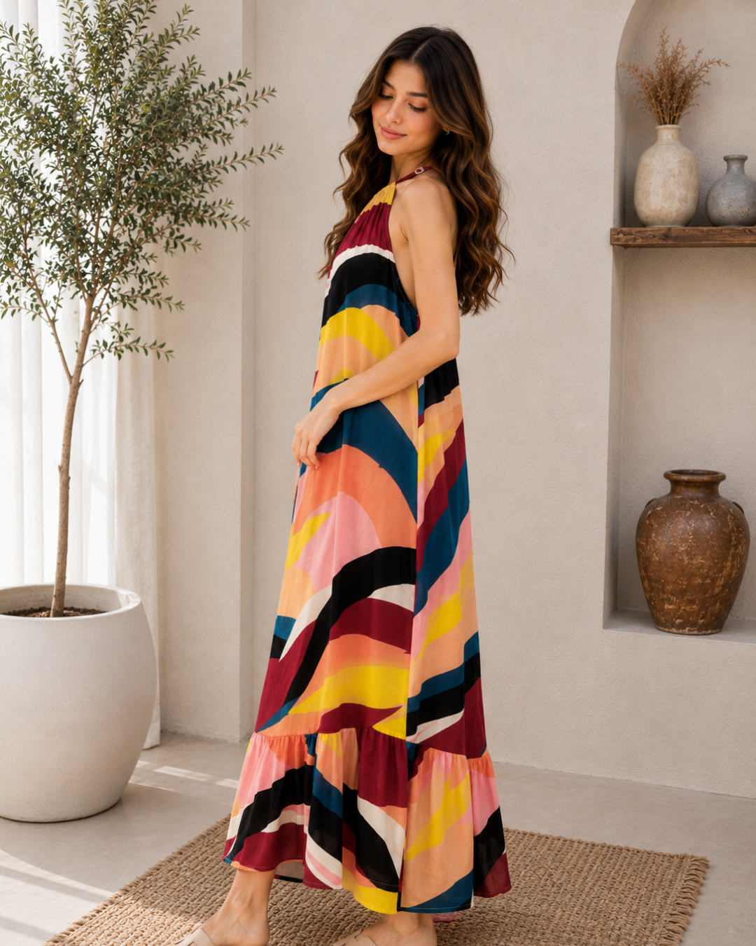 Sunset Mosaic Halter Maxi Dress
