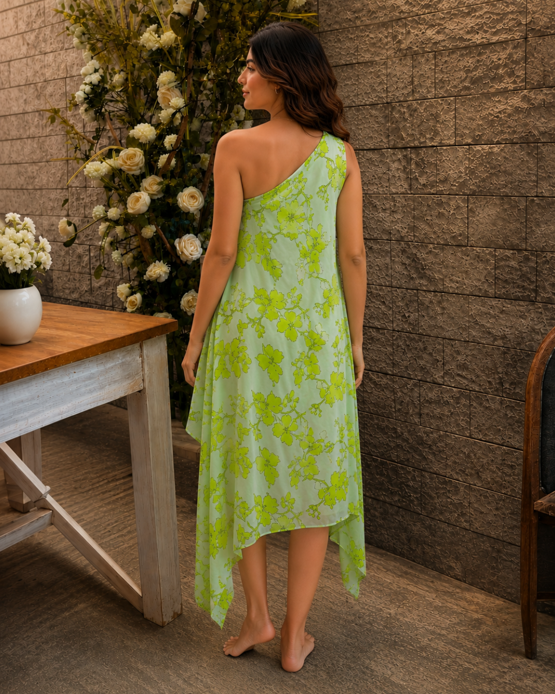 Lime Blossom Asymmetric Kaftan Dress