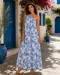 Azure Bloom One-Shoulder Maxi Dress